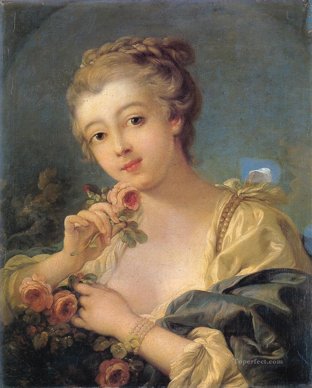 バラの花束を持つ若い女性 フランソワ・ブーシェ油絵